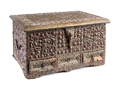 Lot 203 - A BRASS MOUNTED WOOD DOWRY CHEST