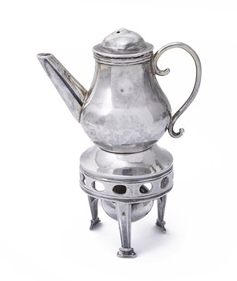 Lot 85 - A DUTCH SILVER MINIATURE COFFEE POT ON STAND, POT PROBABLY CIRCA 1760, THE STAND 19TH CENTURY