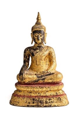 Lot 240 - A LACQUERED AND GILDED BRONZE FIGURE OF BUDDHA