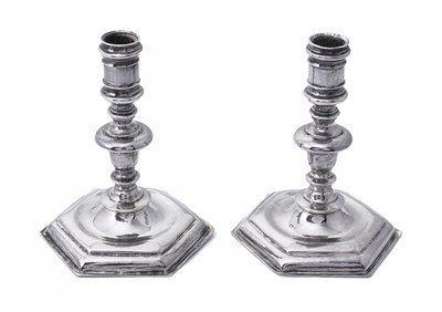 Lot 73 - A PAIR OF DUTCH SILVER MINIATURE CANDLESTICKS, MAKER'S MARK A TREE OR A STANDING FIGURE, AMSTERDAM, EARLY 18TH CENTURY