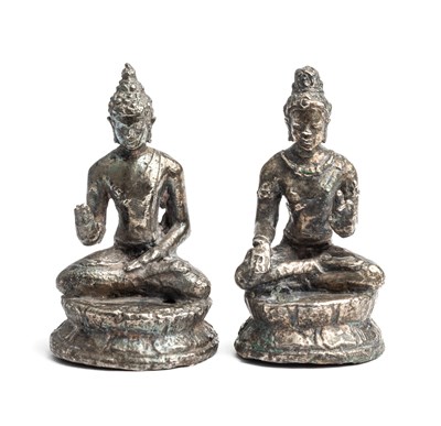 Lot 260 - TWO SMALL SILVERY BRONZE FIGURES OF BUDDHA