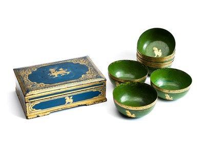 Lot 291 - A LACQUERED WOOD BOX AND SET OF EIGHT LACQUER BOWLS