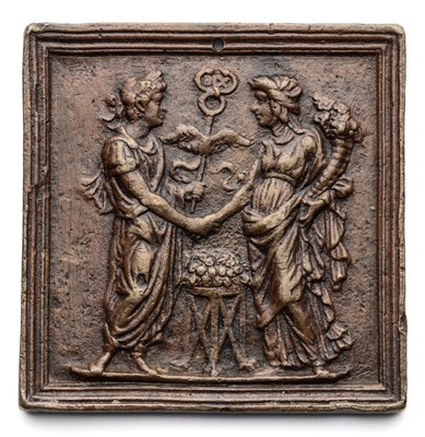 Lot 324 - â’¶ â–¡ A BRONZE PLAQUETTE OF AN EMPEROR AND CONCORD