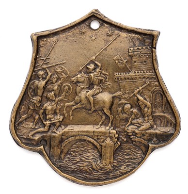 Lot 332 - â’¶ â–¡ A BRONZE PLAQUETTE DEPICTING HORATIUS COCLES DEFENDING THE BRIDGE