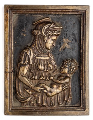 Lot 343 - â’¶ â–¡ A BRONZE PLAQUETTE OF THE VIRGIN AND CHILD