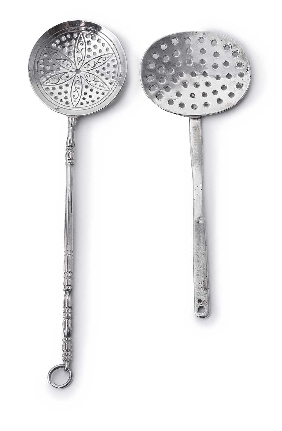 Lot 77 - TWO DUTCH SILVER MINIATURE STRAINING SPOONS,