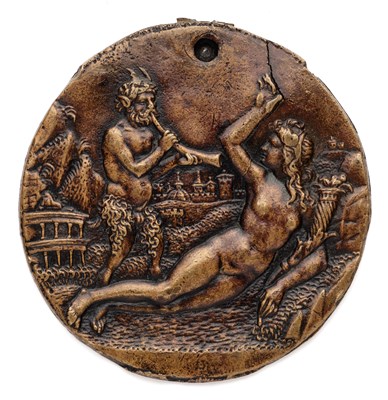 Lot 350 - â’¶ â–¡ A BRONZE MEDALLION OF ABUNDANCE AND A SATYR