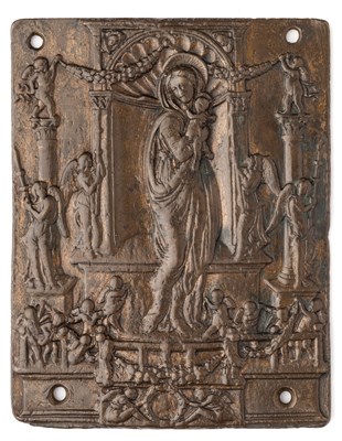 Lot 352 - â’¶ â–¡ A BRONZE PLAQUETTE OF THE VIRGIN AND CHILD WITH SIXTEEN ANGELS