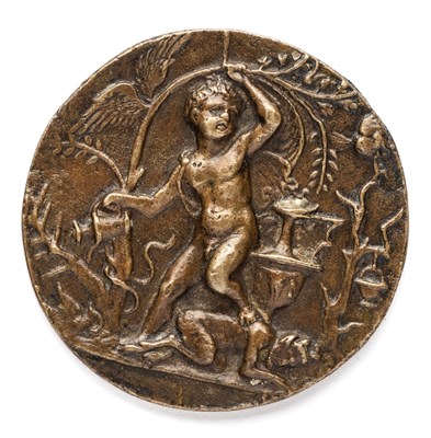 Lot 355 - â’¶ â–¡ A BRONZE PLAQUETTE OF AN ALLEGORICAL SCENE WITH A PUTTO