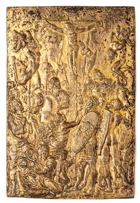 Lot 357 - â’¶ â–¡ A BRONZE-GILT PLAQUETTE OF THE CRUCIFIXION OF CHRIST AND OF THE TWO THIEVES