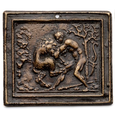 Lot 366 - â’¶ â–¡ A BRONZE PLAQUETTE OF HERCULES AND THE NEMEAN LION