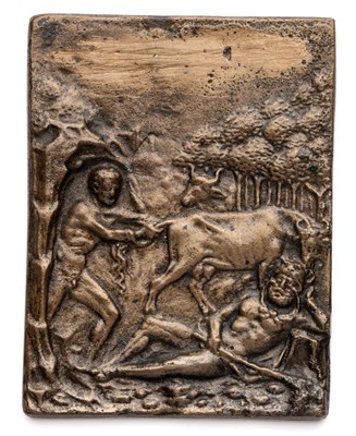 Lot 375 - â’¶ â–¡ A BRONZE PLAQUETTE OF CACUS STEALING THE OXEN OF HERCULES