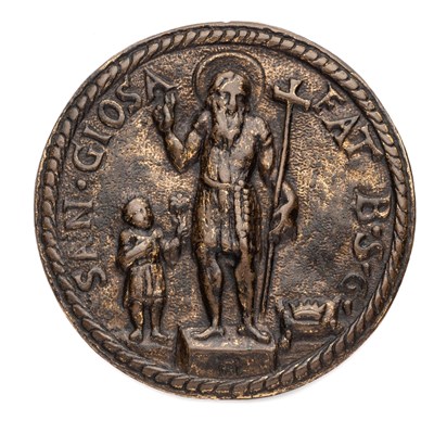 Lot 392 - â’¶ â–¡ A GILT BRASS DEVOTIONAL PLAQUE OF ST JOHN THE BAPTIST