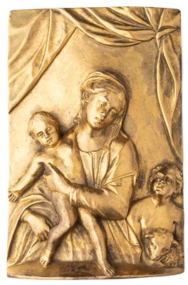 Lot 404 - â’¶ â–¡ A BRONZE-GILT PLAQUETTE OF THE VIRGIN AND CHILD