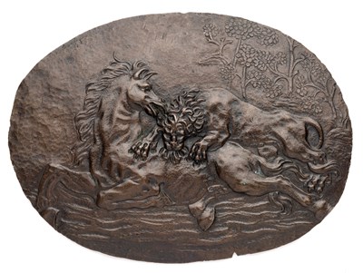 Lot 407 - â’¶ â–¡ A BRONZE PLAQUETTE OF A LION ATTACKING A HORSE