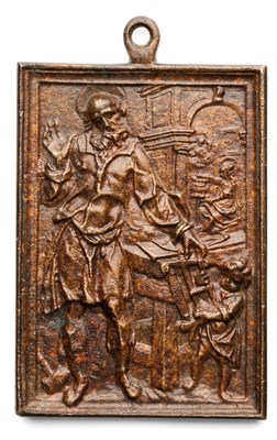 Lot 432 - â’¶ â–¡ A BRONZE PLAQUETTE OF CHRIST IN THE CARPENTER'S SHOP