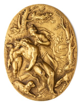 Lot 439 - â’¶ â–¡ A BRONZE-GILT PLAQUETTE OF VENUS AND ADONIS