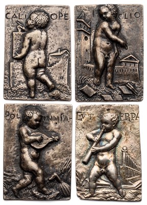 Lot 471 - â’¶ â–¡ FOUR SMALL SILVER PLAQUETTES OF 'MUSES' PUTTI