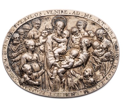 Lot 481 - â’¶ â–¡ A SILVER PANEL 'SUFFER THE LITTLE CHILDREN TO COME UNTO ME'