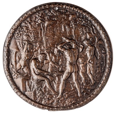 Lot 483 - â’¶ â–¡ A BRONZE PLAQUETTE OF VULCAN'S FORGE