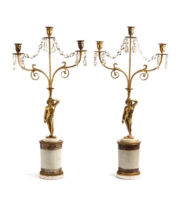 Lot 529 - A PAIR OF NEO-CLASSICAL GILT-BRONZE FIGURAL CANDELABRA