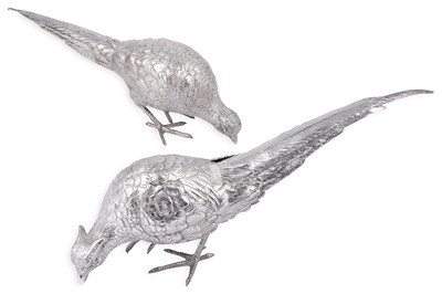 Lot 591 - A PAIR OF GERMAN SILVER TABLE PHEASANTS