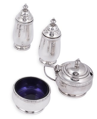 Lot 597 - â’¼ A GEORGE V SILVER FOUR-PIECE CONDIMENT SET