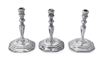 Lot 121 - THREE DUTCH SILVER MINIATURE CANDLESTICKS, ALL MAKER'S MARK IB IN MONOGRAM, POSSIBLY FOR JAN BORDUUR, AMSTERDAM, 1755/59/61