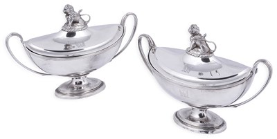 Lot 626 - â’¼ A PAIR OF GEORGE III SILVER SAUCE TUREENS AND COVERS