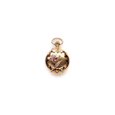 Lot 672 - â’¼ LADY'S ENAMELLED GOLD AND DIAMOND FOB WATCH