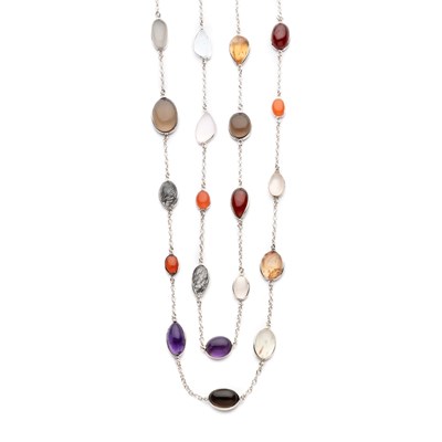 Lot 692 - MULTI COLOURED GEMSTONE LONG CHAIN NECKLACE