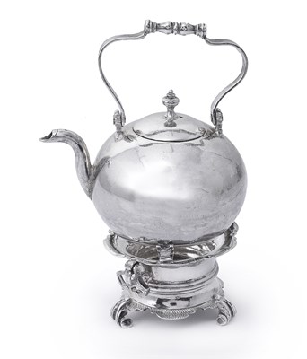 Lot 134 - A DUTCH SILVER MINIATURE KETTLE ON BRAZIER STAND, ARNOLDUS VAN GEFFEN, AMSTERDAM, 1754