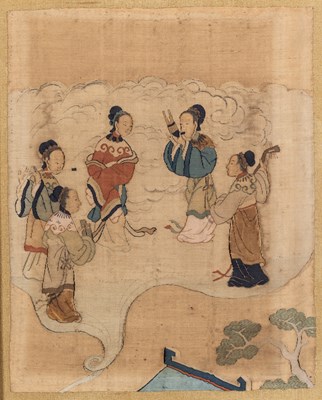 Lot 60 - â–¡Â A CHINESE KESI SILK FRAGMENT DEPICTING FIVE FEMALE MUSICIANS