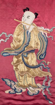 Lot 61 - â–¡Â A CHINESE EMBROIDERED SILK PANEL DEPICTING A FLUTE PLAYER