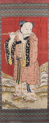 Lot 63 - â–¡Â A CHINESE PAINTED PANEL DEPICTING A FLUTE PLAYER