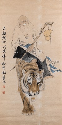 Lot 64 - CHINESE SCHOOL, LAOZI RIDING A TIGER, 20TH CENTURY