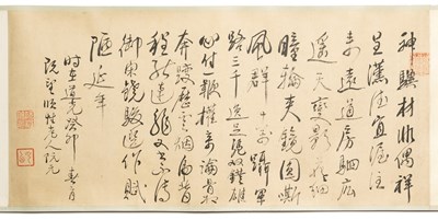 Lot 65 - CHINESE SCHOOL, HAND SCROLL OF A HUNTING SCENE, 19TH CENTURY