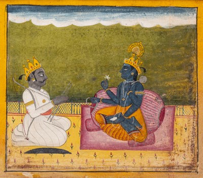 Lot 130 - ARJUNA TALKING WITH KRISHNA, A SCENE FROM THE BHAGAVAD GITA, PUNJAB HILLS, EARLY 19TH CENTURY