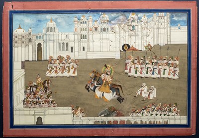 Lot 133 - A ROYAL COUPLE RIDING TOGETHER IN A PALACE COURTYARD, MEWAR, 19TH CENTURY AND LATER