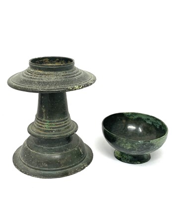 Lot 186 - A KHMER BRONZE STAND AND A SMALL BOWL