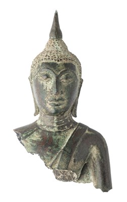 Lot 242 - AN AYUTHIA FRAGMENTARY BRONZE BUST OF BUDDHA