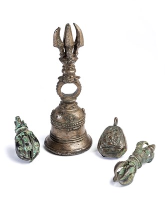 Lot 255 - THREE BRONZE BELLS AND A RITUAL THUNDERBOLT (VAJRA)