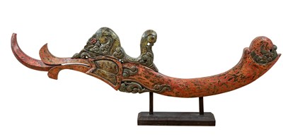 Lot 302 - â–¡ A LARGE CARVED AND PAINTED WOOD BOAT PROW, JAVA, INDONESIA, 19TH CENTURY