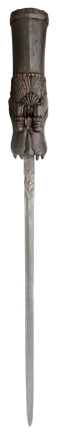 Lot 14 - A RARE INDIAN SWORD (PATA) WITH CARVED WOODEN HILT, PROBABLY MYSORE 17TH/18TH CENTURY