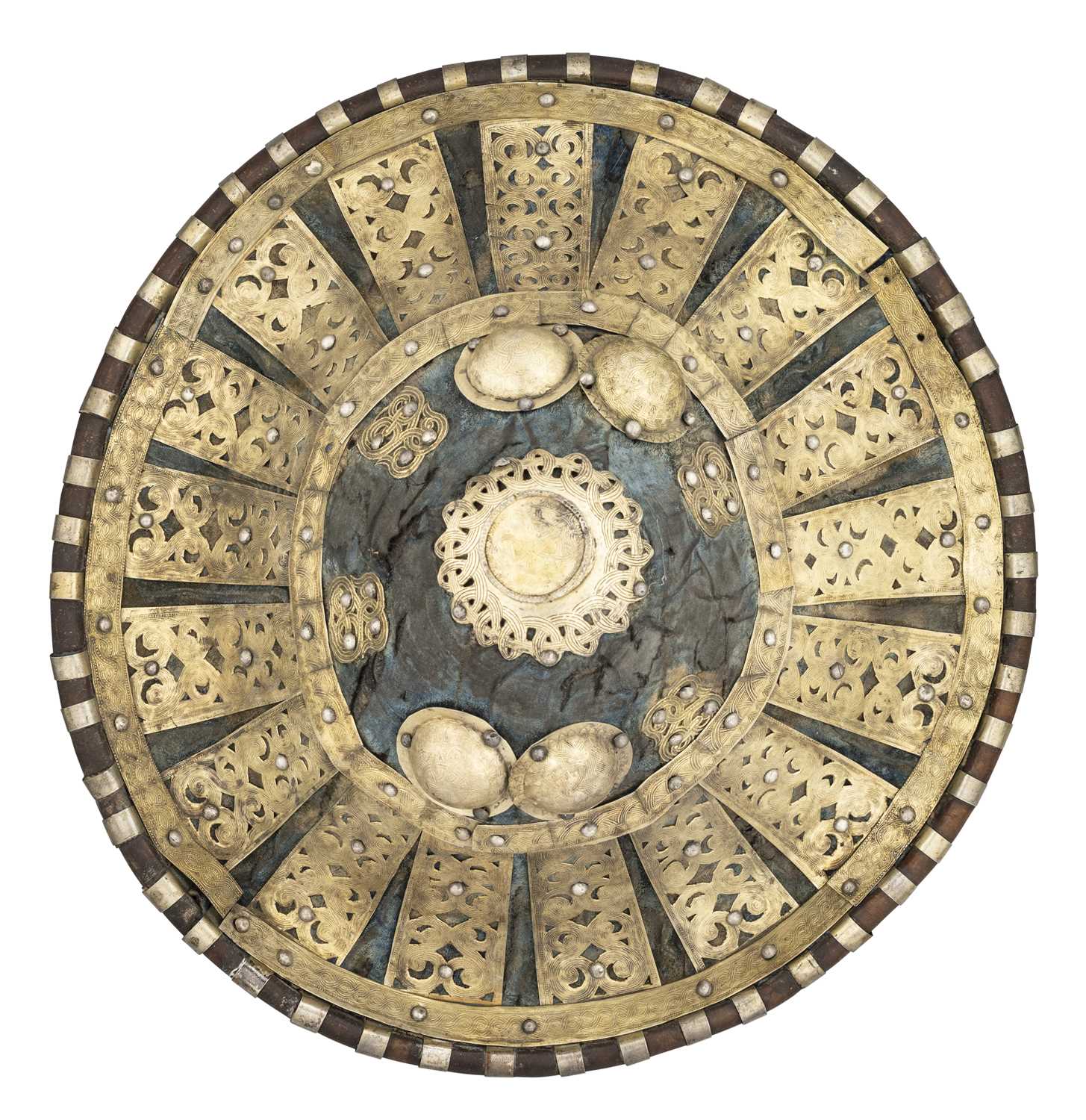 Lot 200 - AN EAST AFRICAN SILVER-GILT MOUNTED HIDE SHIELD, LATE 19TH/20TH CENTURY