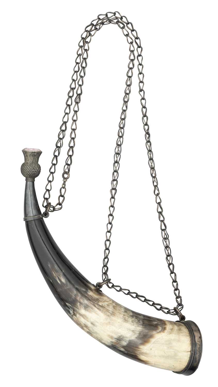 Lot 406 - A SCOTTISH SILVER-MOUNTED DRESS POWDER-HORN, LATE 19TH CENTURY