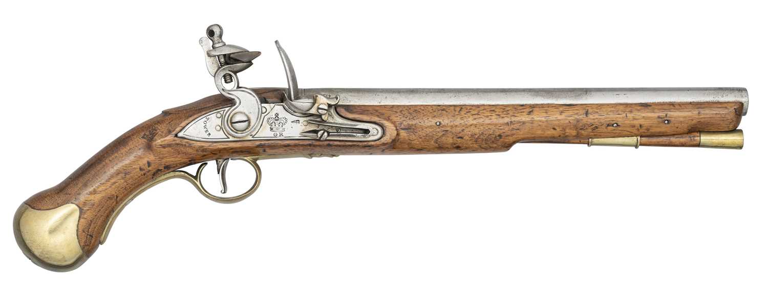 Lot 464 - A .56 CALIBRE 1801 PATTERN FLINTLOCK LONG SEA SERVICE PISTOL, THE STOCK DATED 1806