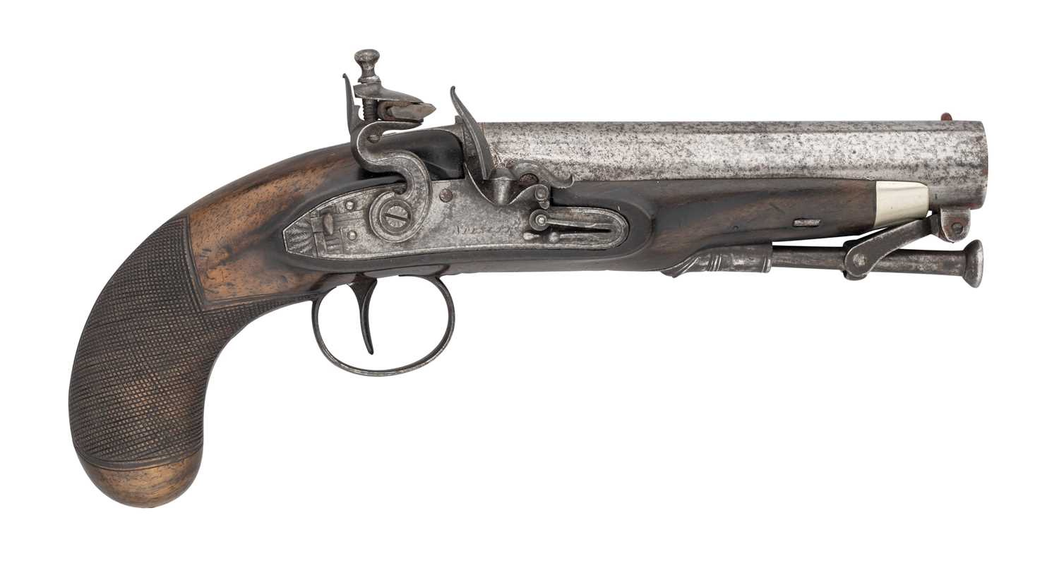 Lot 474 - A 10 BORE FLINTLOCK 'MANSTOPPER' PISTOL SIGNED SPENCER, LONDON, BIRMINGHAM PROOF MARKS, CIRCA 1820