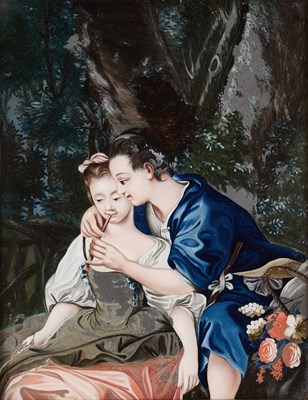 Lot 59 - A CHINESE EXPORT REVERSE GLASS PAINTING OF A EUROPEAN COUPLE, QING DYNASTY, 18TH CENTURY