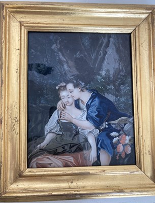 Lot 59 - A CHINESE EXPORT REVERSE GLASS PAINTING OF A EUROPEAN COUPLE, QING DYNASTY, 18TH CENTURY